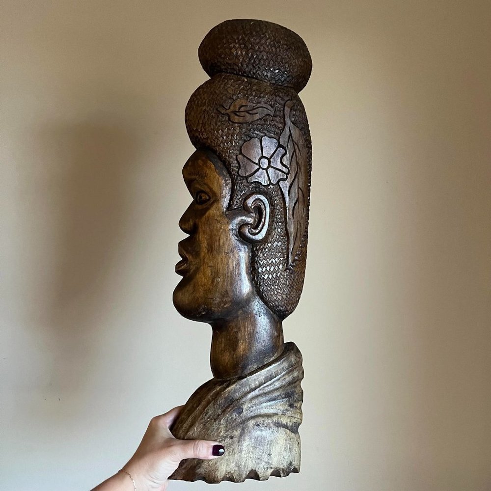 Unique 24-Inch Vintage Wooden Face Sculpture with Hanging Hook